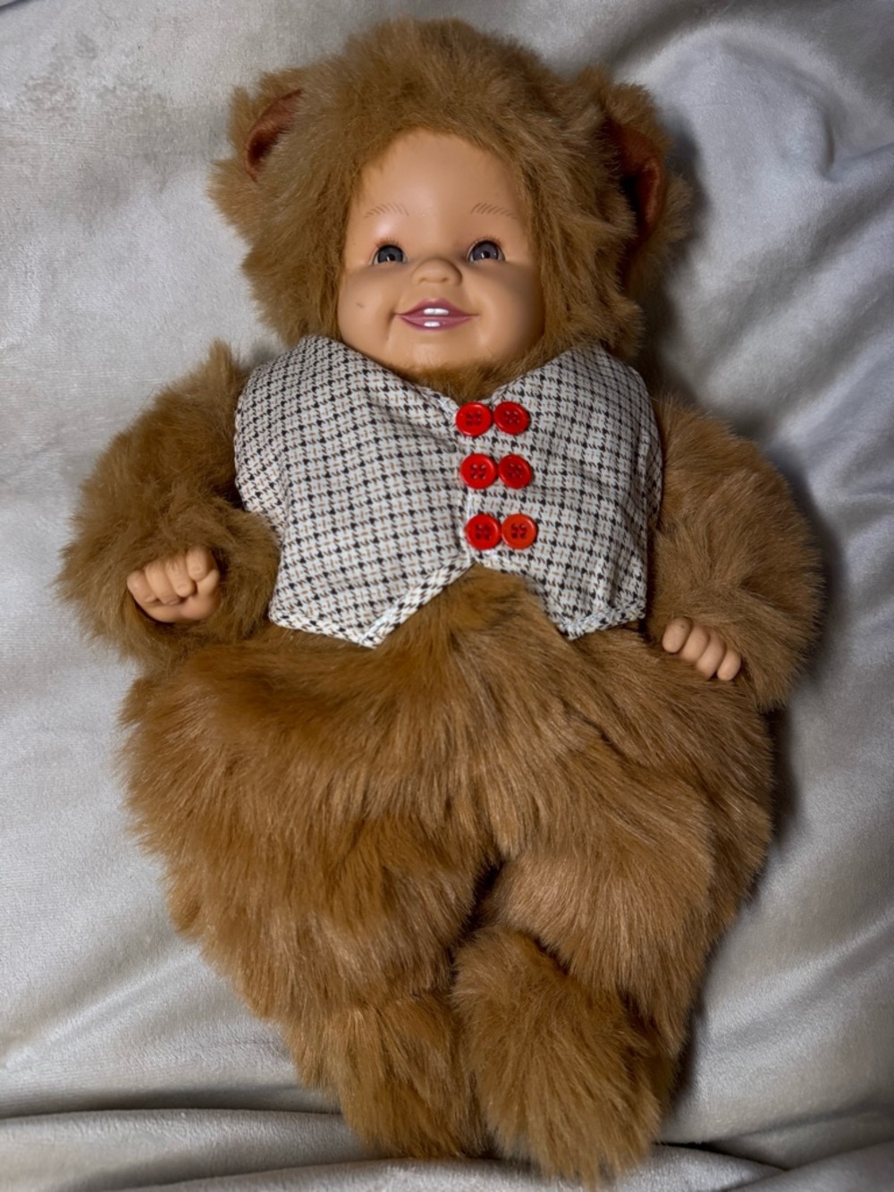 Vintage Anne Geddes Brown Bear Doll with Plaid Vest and Red Buttons